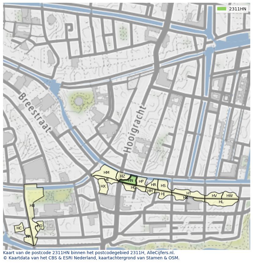 Afbeelding van het postcodegebied 2311 HN op de kaart.