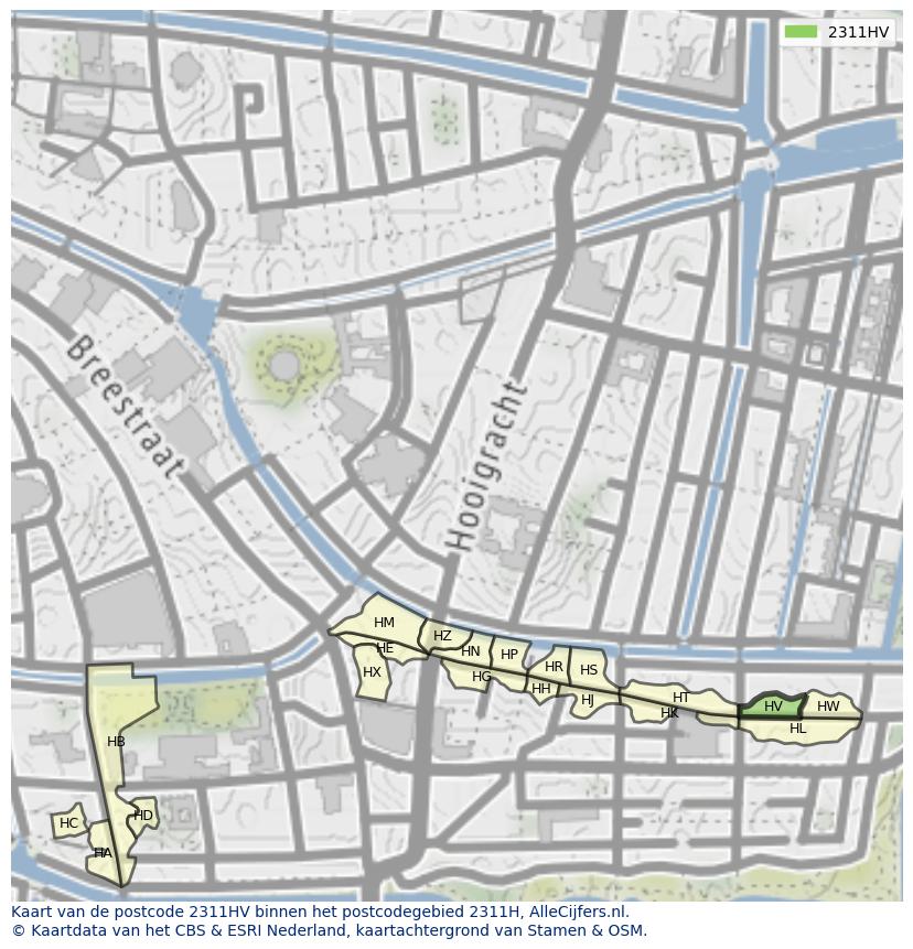 Afbeelding van het postcodegebied 2311 HV op de kaart.