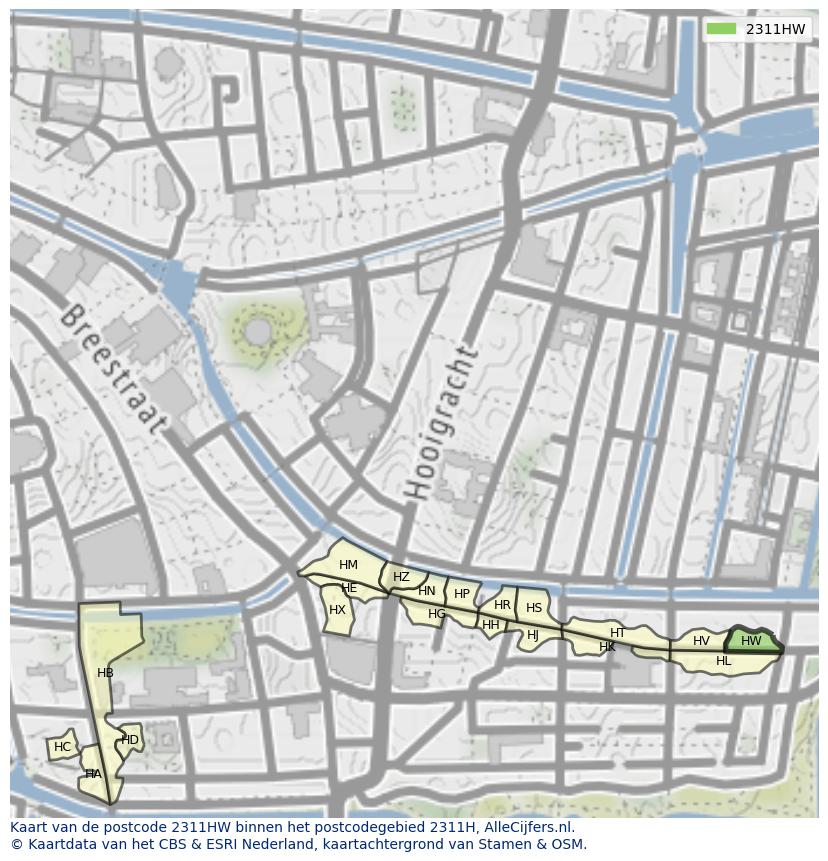 Afbeelding van het postcodegebied 2311 HW op de kaart.