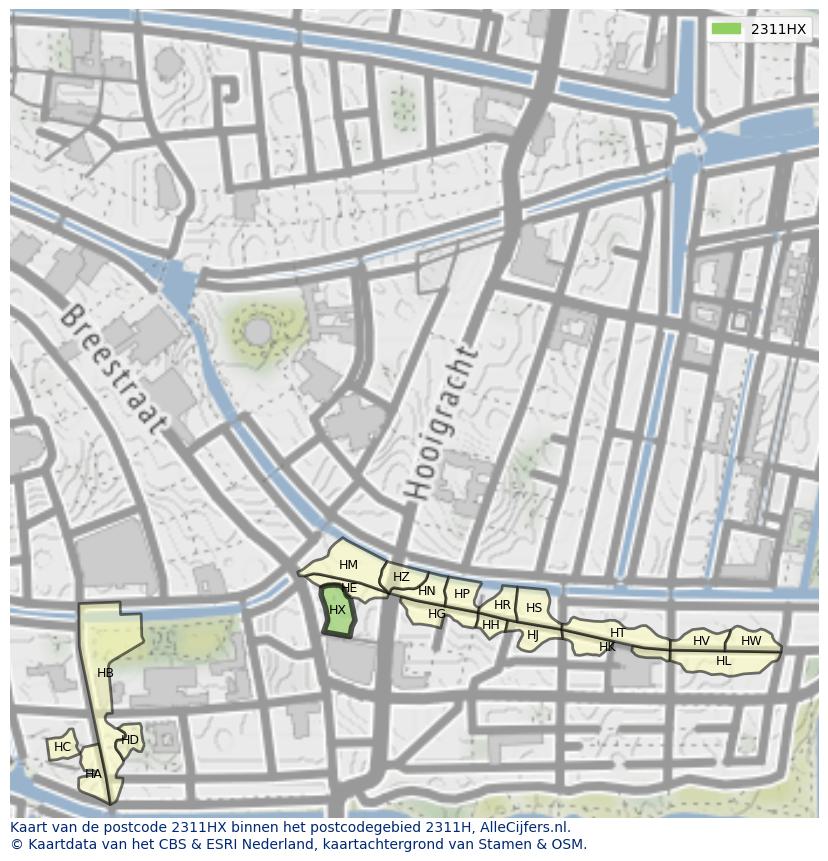 Afbeelding van het postcodegebied 2311 HX op de kaart.
