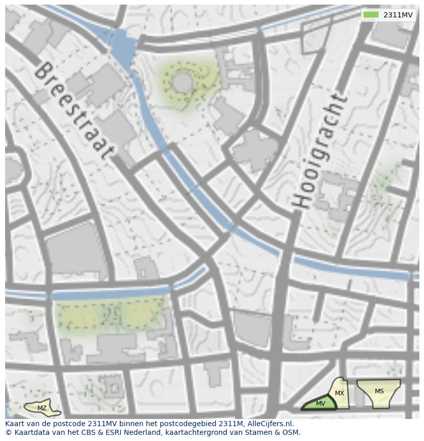 Afbeelding van het postcodegebied 2311 MV op de kaart.