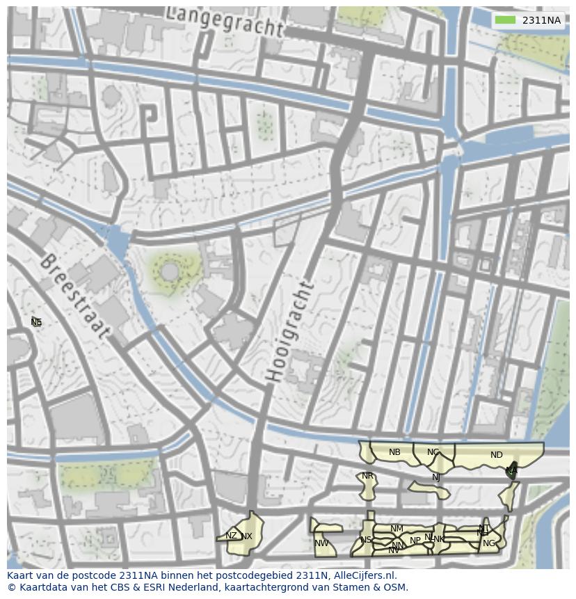 Afbeelding van het postcodegebied 2311 NA op de kaart.