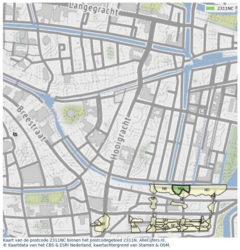 Afbeelding van het postcodegebied 2311 NC op de kaart.