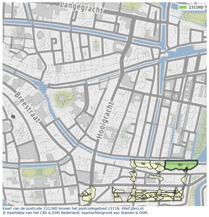Afbeelding van het postcodegebied 2311 ND op de kaart.