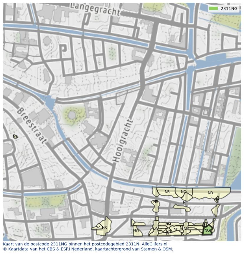 Afbeelding van het postcodegebied 2311 NG op de kaart.