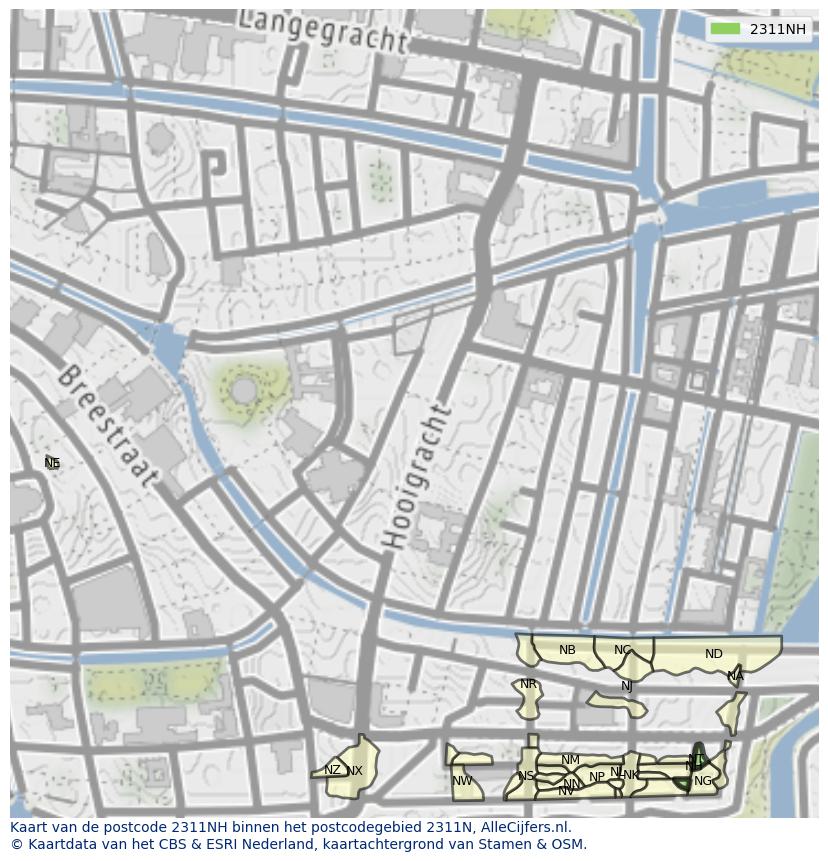 Afbeelding van het postcodegebied 2311 NH op de kaart.