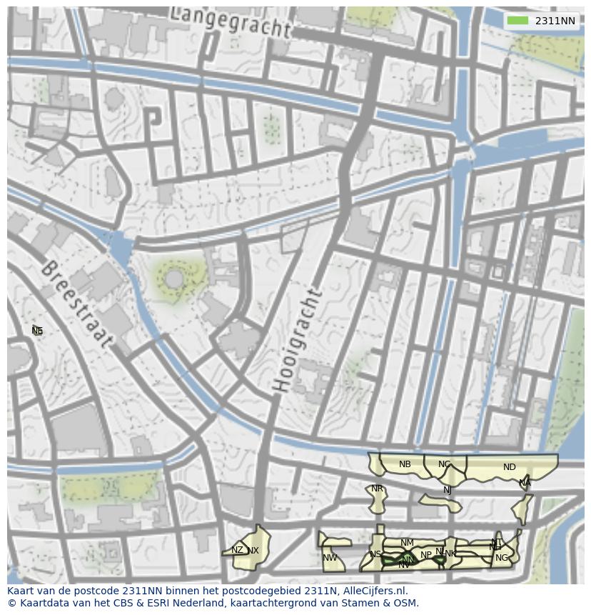 Afbeelding van het postcodegebied 2311 NN op de kaart.