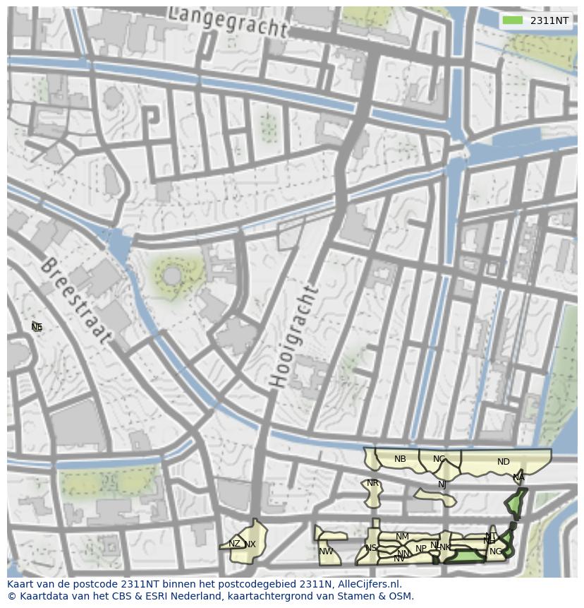 Afbeelding van het postcodegebied 2311 NT op de kaart.