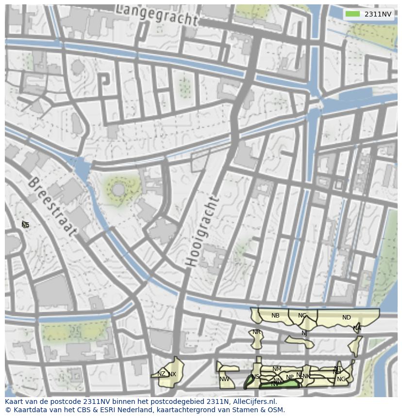 Afbeelding van het postcodegebied 2311 NV op de kaart.