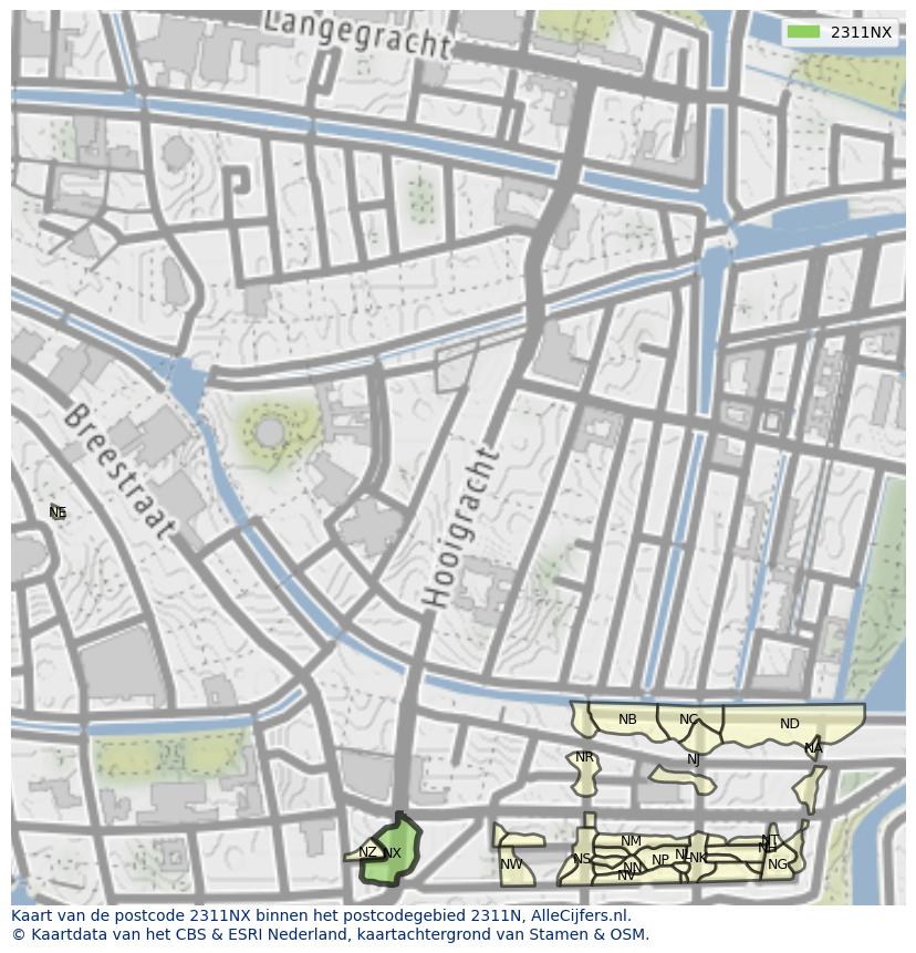 Afbeelding van het postcodegebied 2311 NX op de kaart.