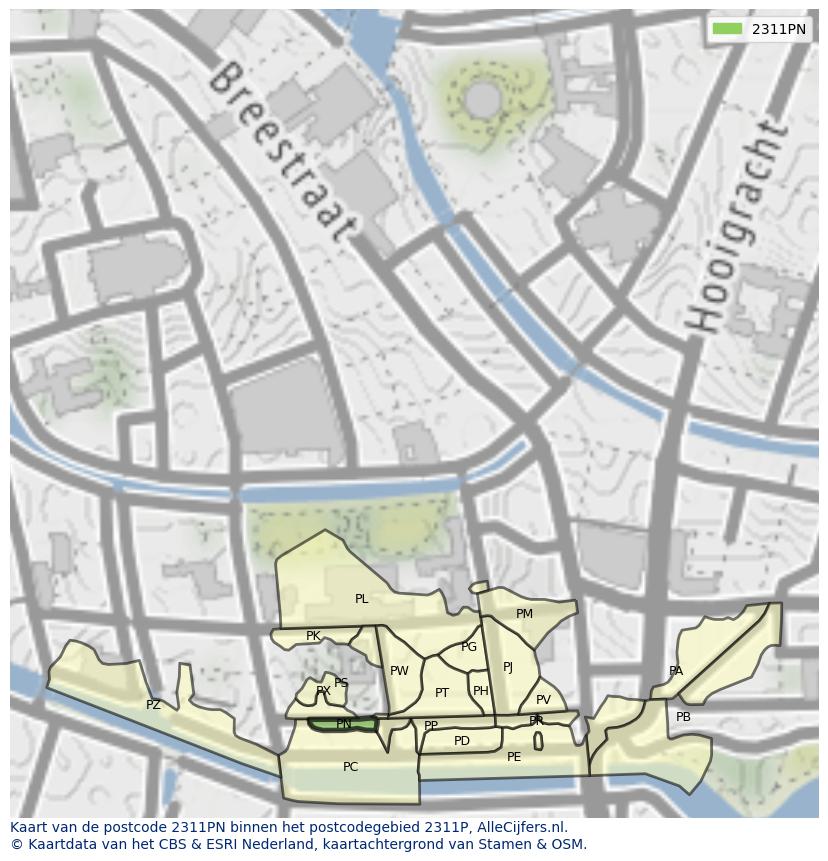 Afbeelding van het postcodegebied 2311 PN op de kaart.