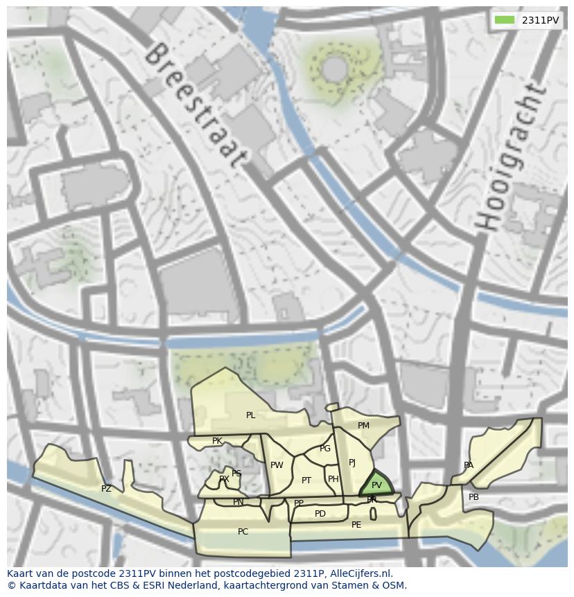 Afbeelding van het postcodegebied 2311 PV op de kaart.