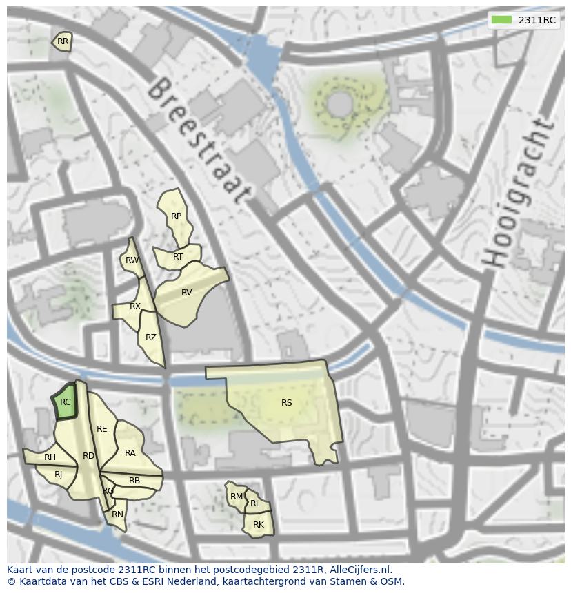 Afbeelding van het postcodegebied 2311 RC op de kaart.