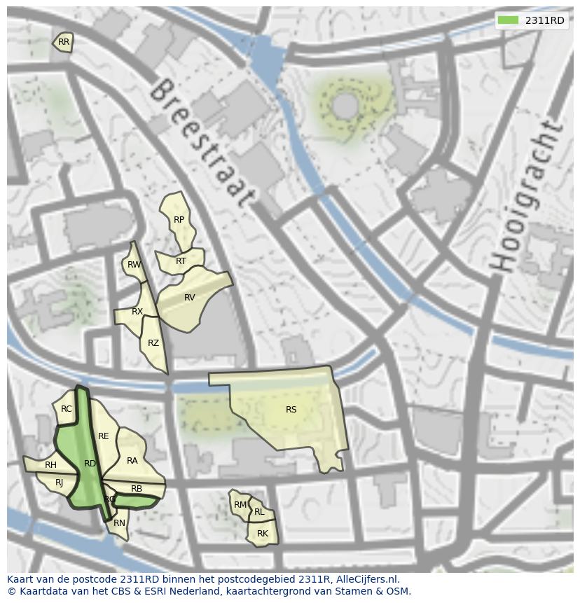 Afbeelding van het postcodegebied 2311 RD op de kaart.