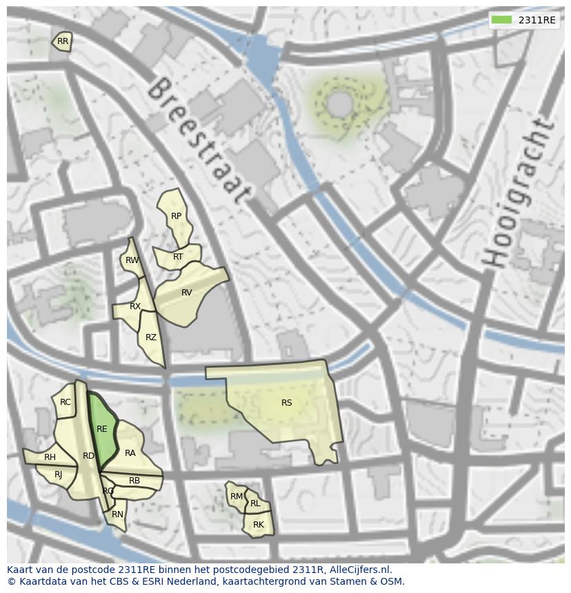 Afbeelding van het postcodegebied 2311 RE op de kaart.