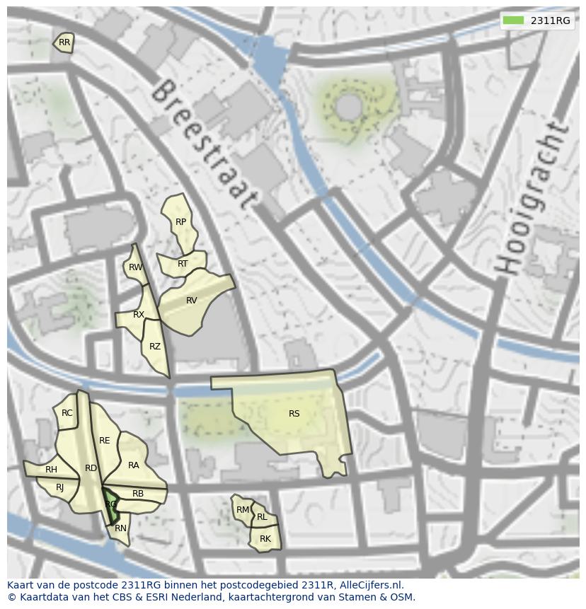Afbeelding van het postcodegebied 2311 RG op de kaart.