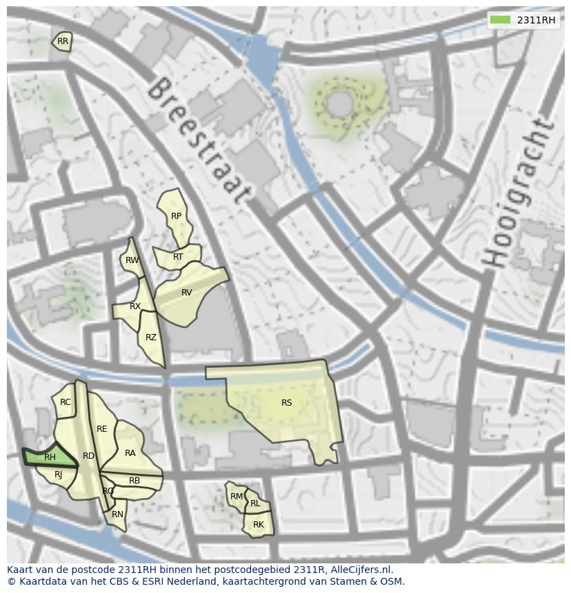 Afbeelding van het postcodegebied 2311 RH op de kaart.