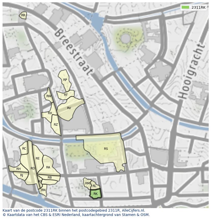 Afbeelding van het postcodegebied 2311 RK op de kaart.