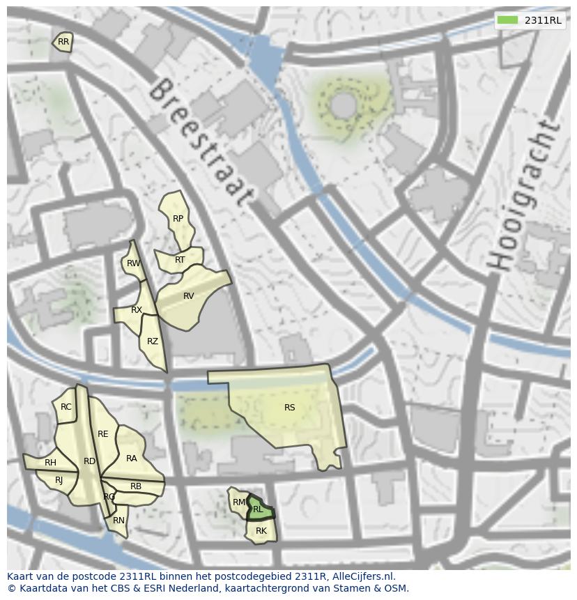 Afbeelding van het postcodegebied 2311 RL op de kaart.