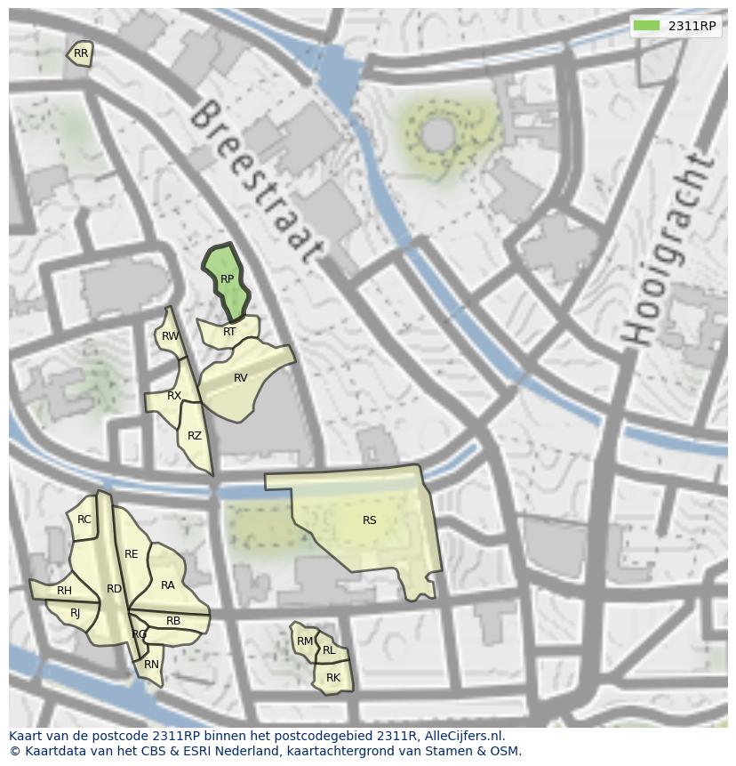 Afbeelding van het postcodegebied 2311 RP op de kaart.