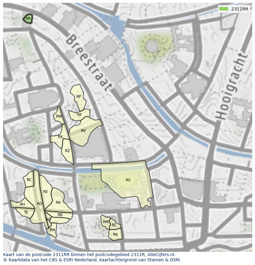 Afbeelding van het postcodegebied 2311 RR op de kaart.