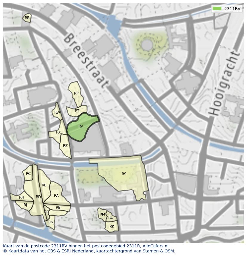 Afbeelding van het postcodegebied 2311 RV op de kaart.