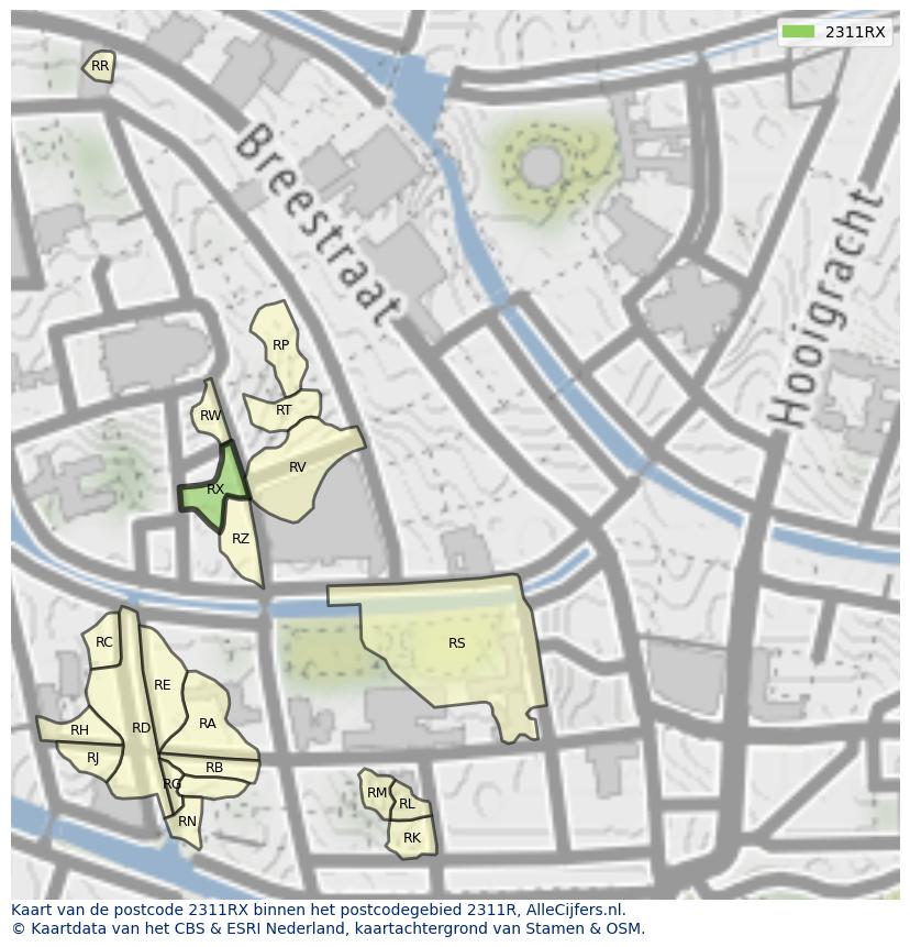 Afbeelding van het postcodegebied 2311 RX op de kaart.