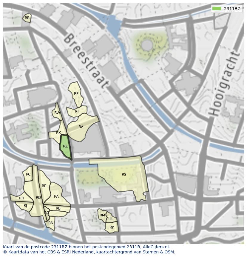 Afbeelding van het postcodegebied 2311 RZ op de kaart.