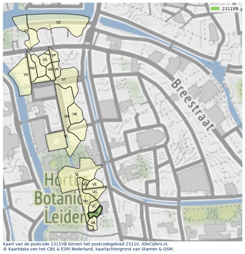 Afbeelding van het postcodegebied 2311 VB op de kaart.