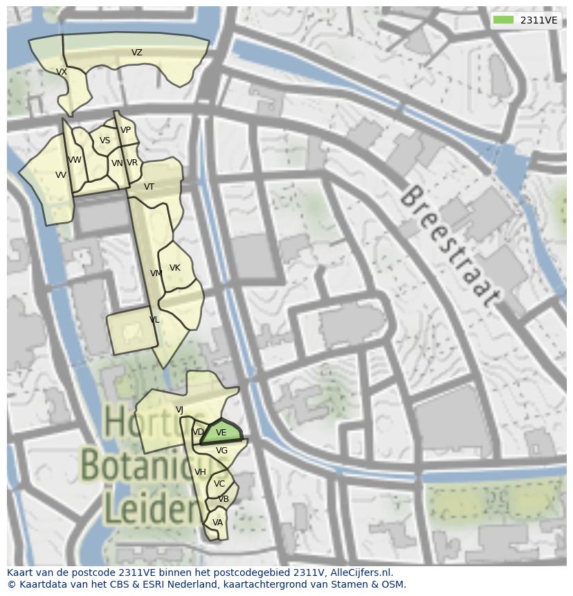 Afbeelding van het postcodegebied 2311 VE op de kaart.