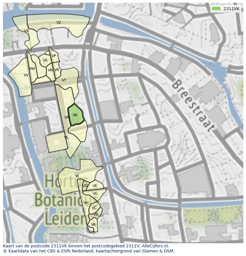 Afbeelding van het postcodegebied 2311 VK op de kaart.