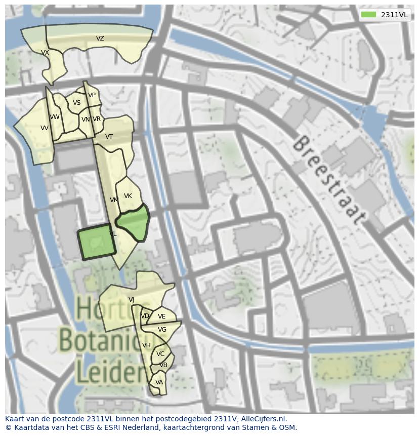 Afbeelding van het postcodegebied 2311 VL op de kaart.