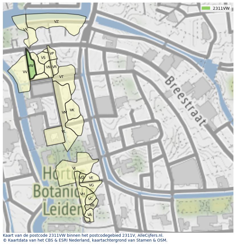 Afbeelding van het postcodegebied 2311 VW op de kaart.