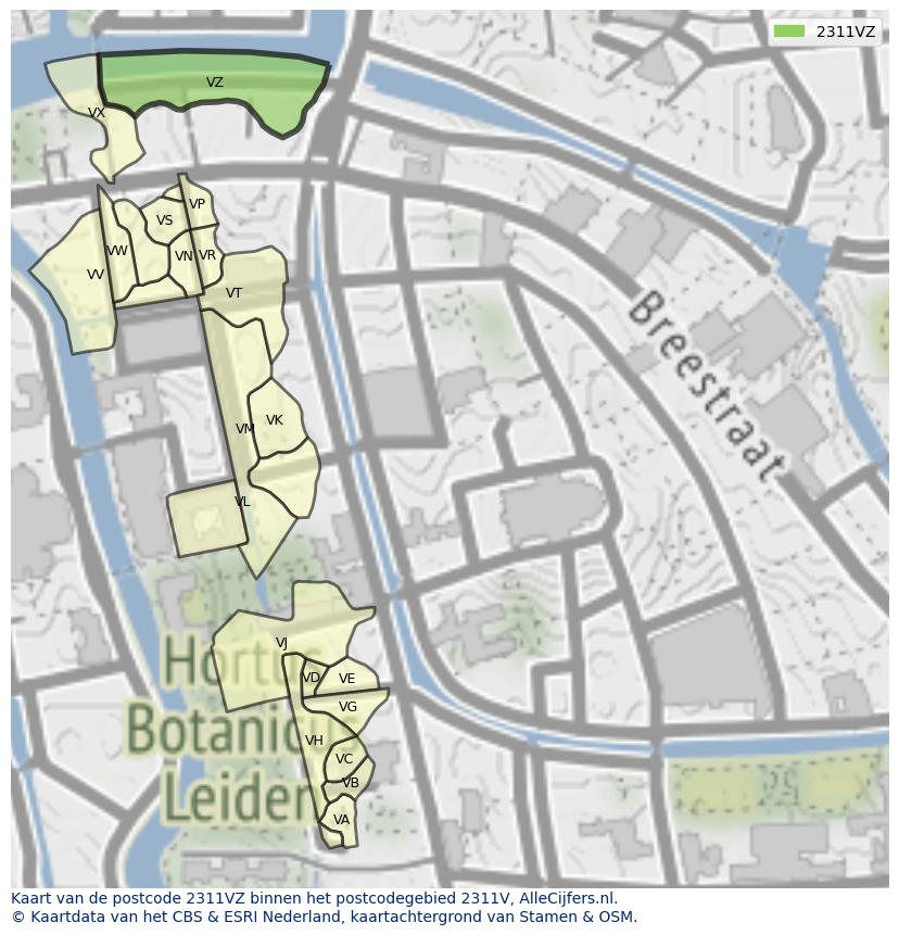 Afbeelding van het postcodegebied 2311 VZ op de kaart.
