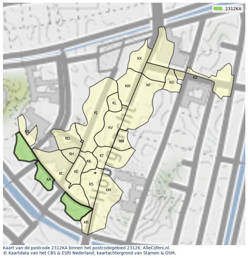 Afbeelding van het postcodegebied 2312 KA op de kaart.