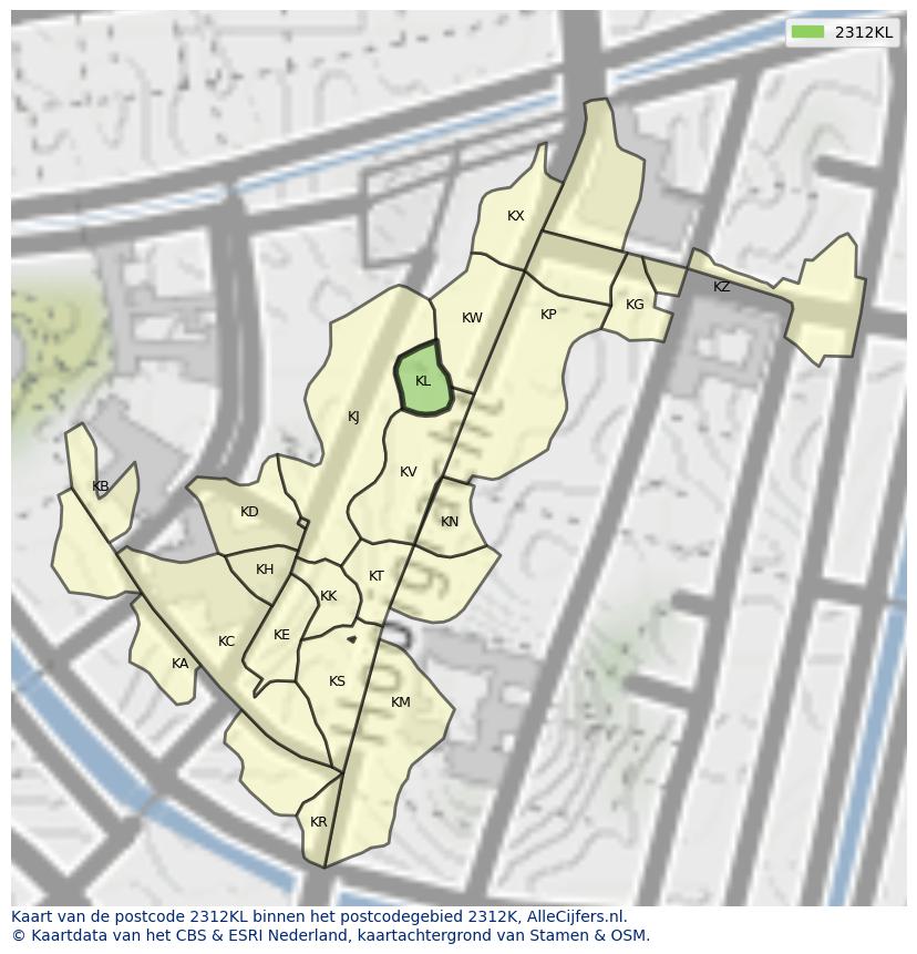Afbeelding van het postcodegebied 2312 KL op de kaart.