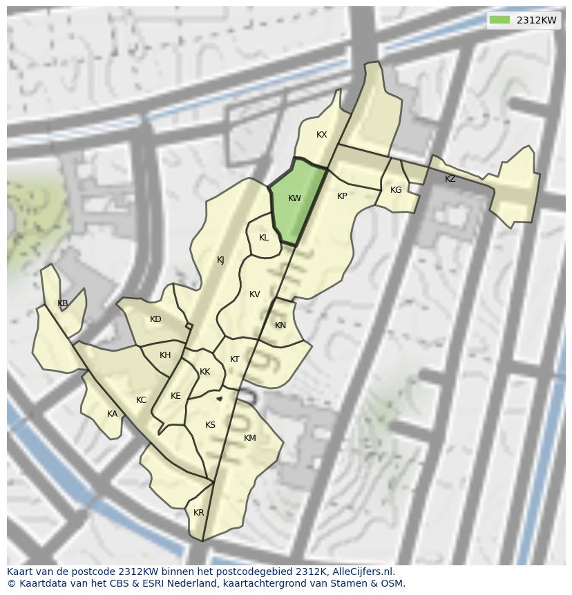 Afbeelding van het postcodegebied 2312 KW op de kaart.