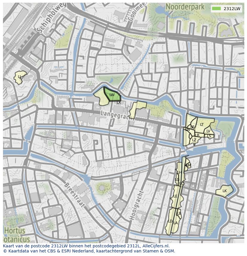 Afbeelding van het postcodegebied 2312 LW op de kaart.