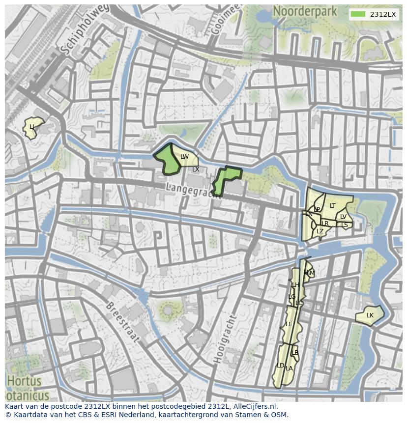 Afbeelding van het postcodegebied 2312 LX op de kaart.