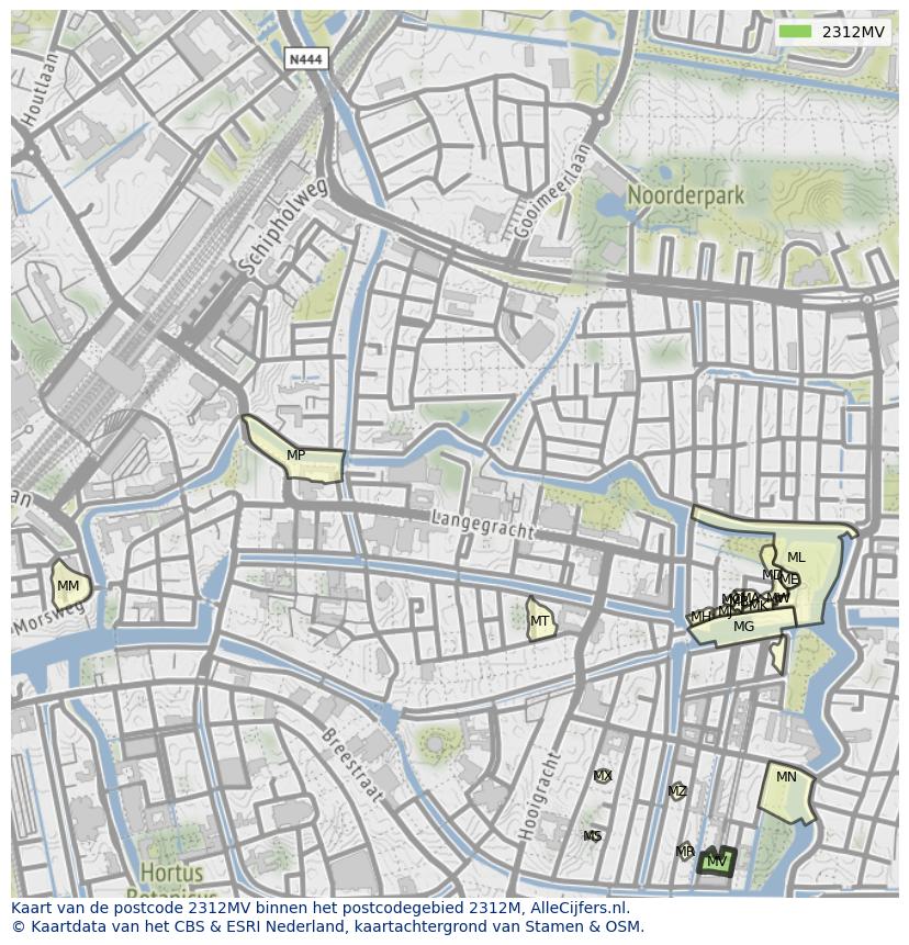 Afbeelding van het postcodegebied 2312 MV op de kaart.