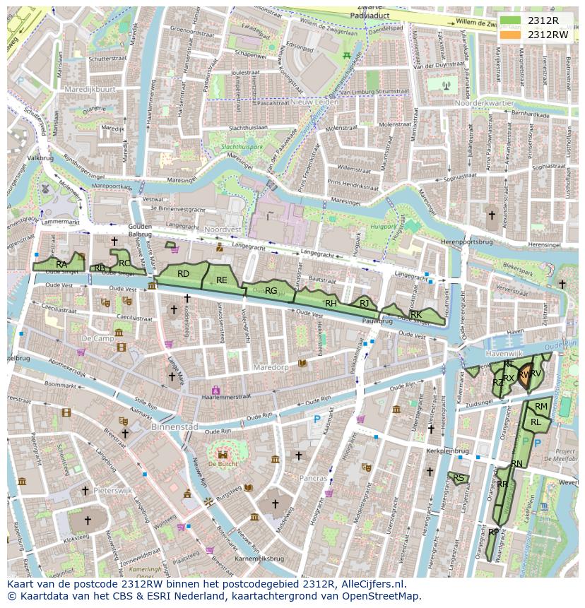 Afbeelding van het postcodegebied 2312 RW op de kaart.