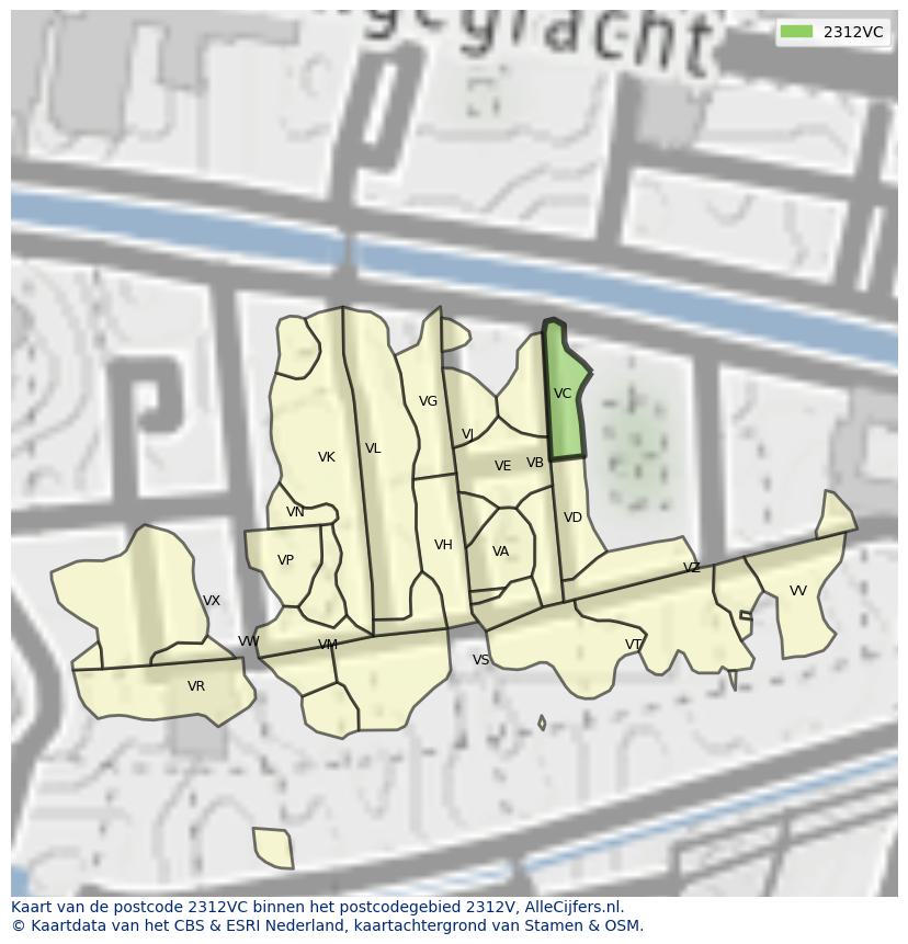 Afbeelding van het postcodegebied 2312 VC op de kaart.