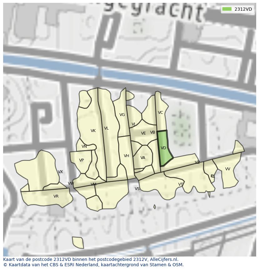 Afbeelding van het postcodegebied 2312 VD op de kaart.