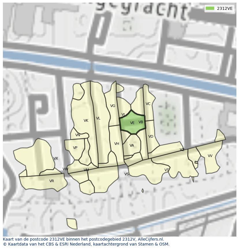 Afbeelding van het postcodegebied 2312 VE op de kaart.