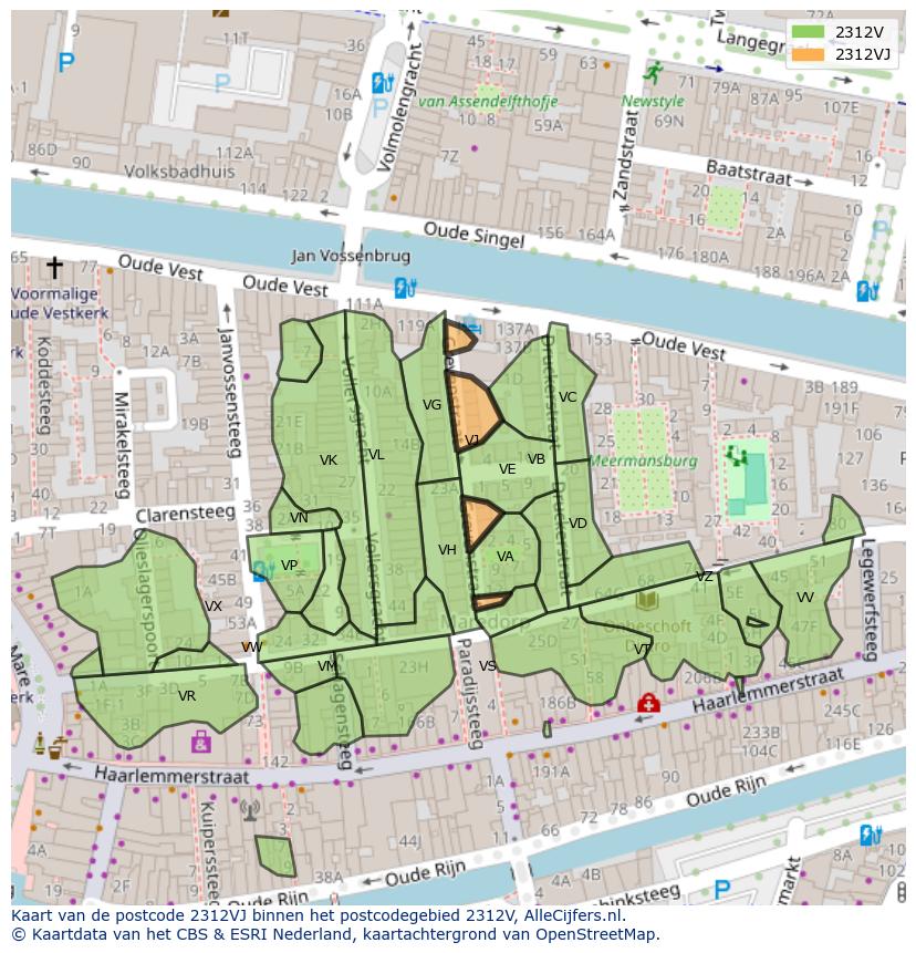 Afbeelding van het postcodegebied 2312 VJ op de kaart.