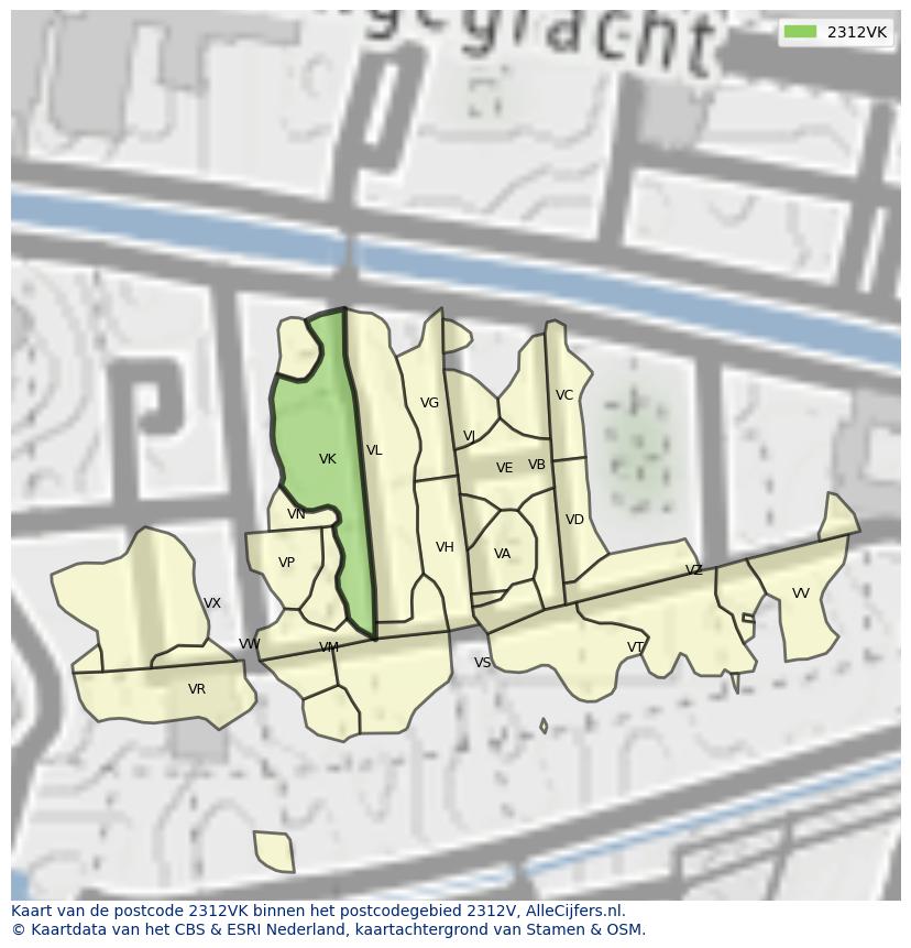 Afbeelding van het postcodegebied 2312 VK op de kaart.