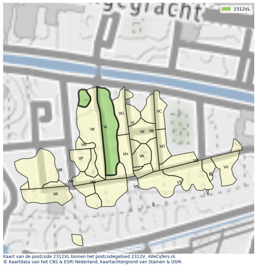 Afbeelding van het postcodegebied 2312 VL op de kaart.
