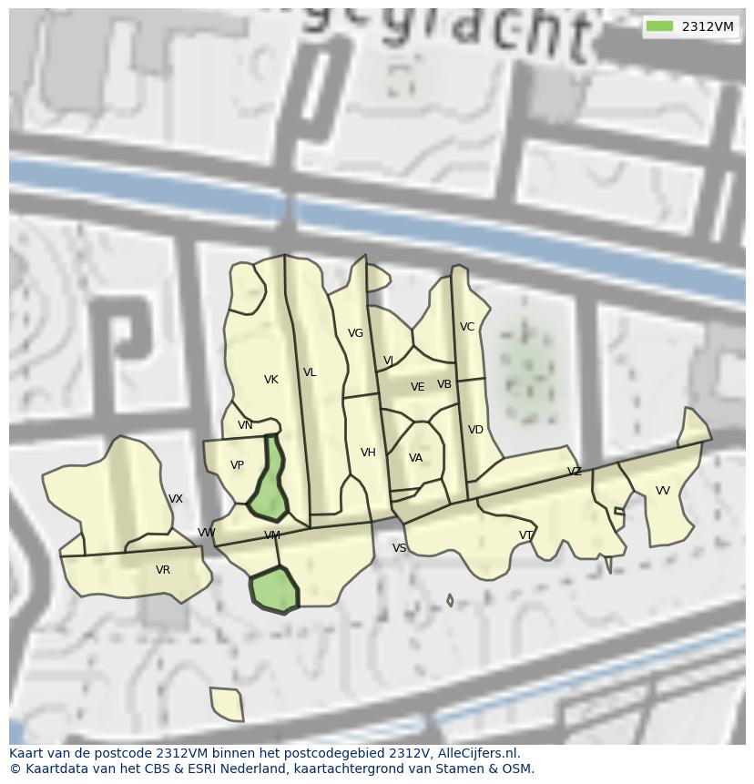 Afbeelding van het postcodegebied 2312 VM op de kaart.