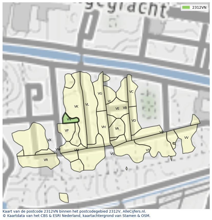 Afbeelding van het postcodegebied 2312 VN op de kaart.
