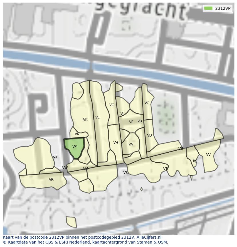 Afbeelding van het postcodegebied 2312 VP op de kaart.